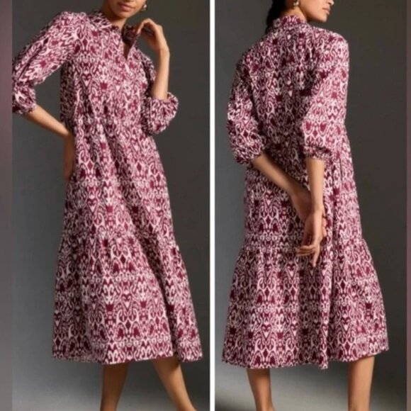 Anthropologie Dresses & Skirts - Anthropologie Maeve The Bettina Tiered Shirt Midi Dress in Wine Geometric Aztec